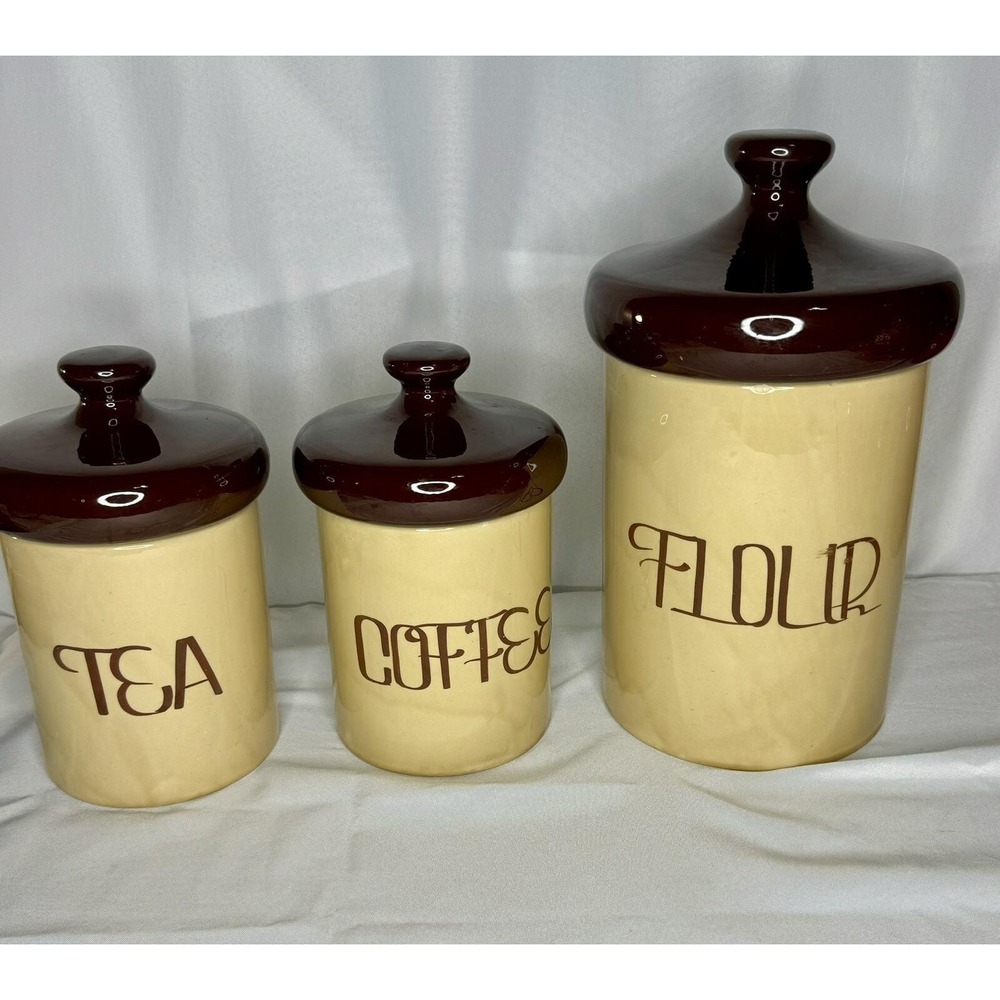 USA Pottery Kitchen Canister Set 3 Piece Tan Brown Flour Coffee Tea Vintage